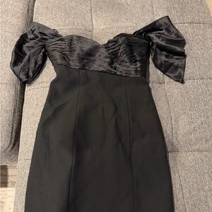 Cinq à Sept Black Satin Off-Shoulder Mini Dress
